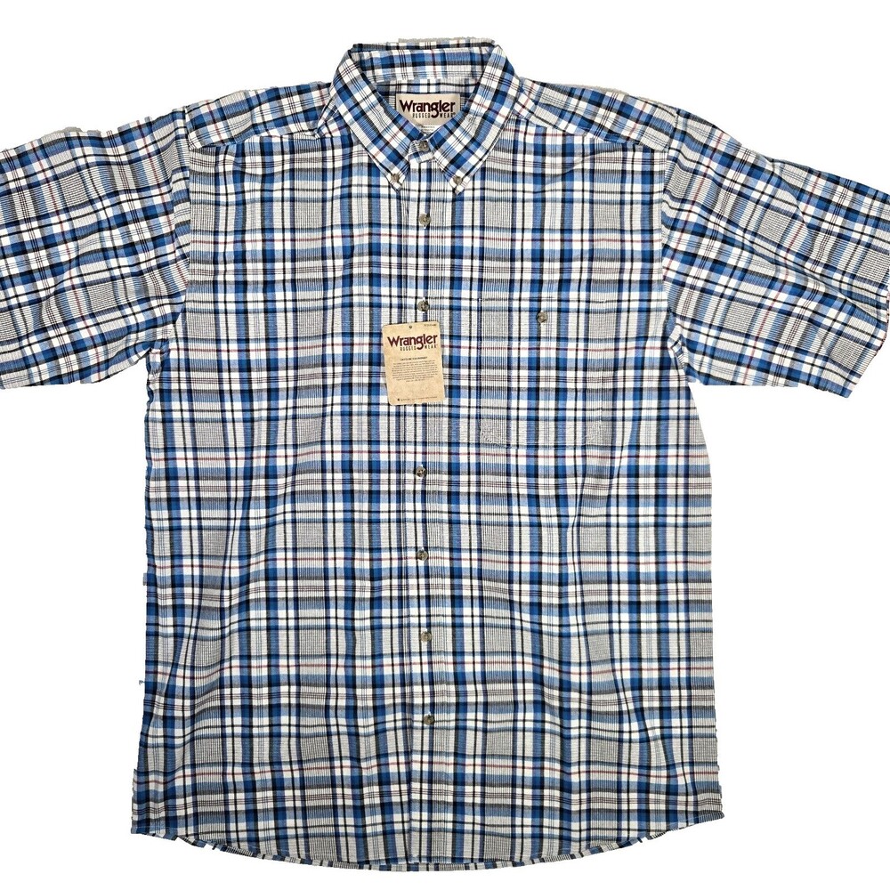 Wrangler Button Down Shirt Mens XLT Blue Plaid Rugged Wear Wrinkle Resist NWT